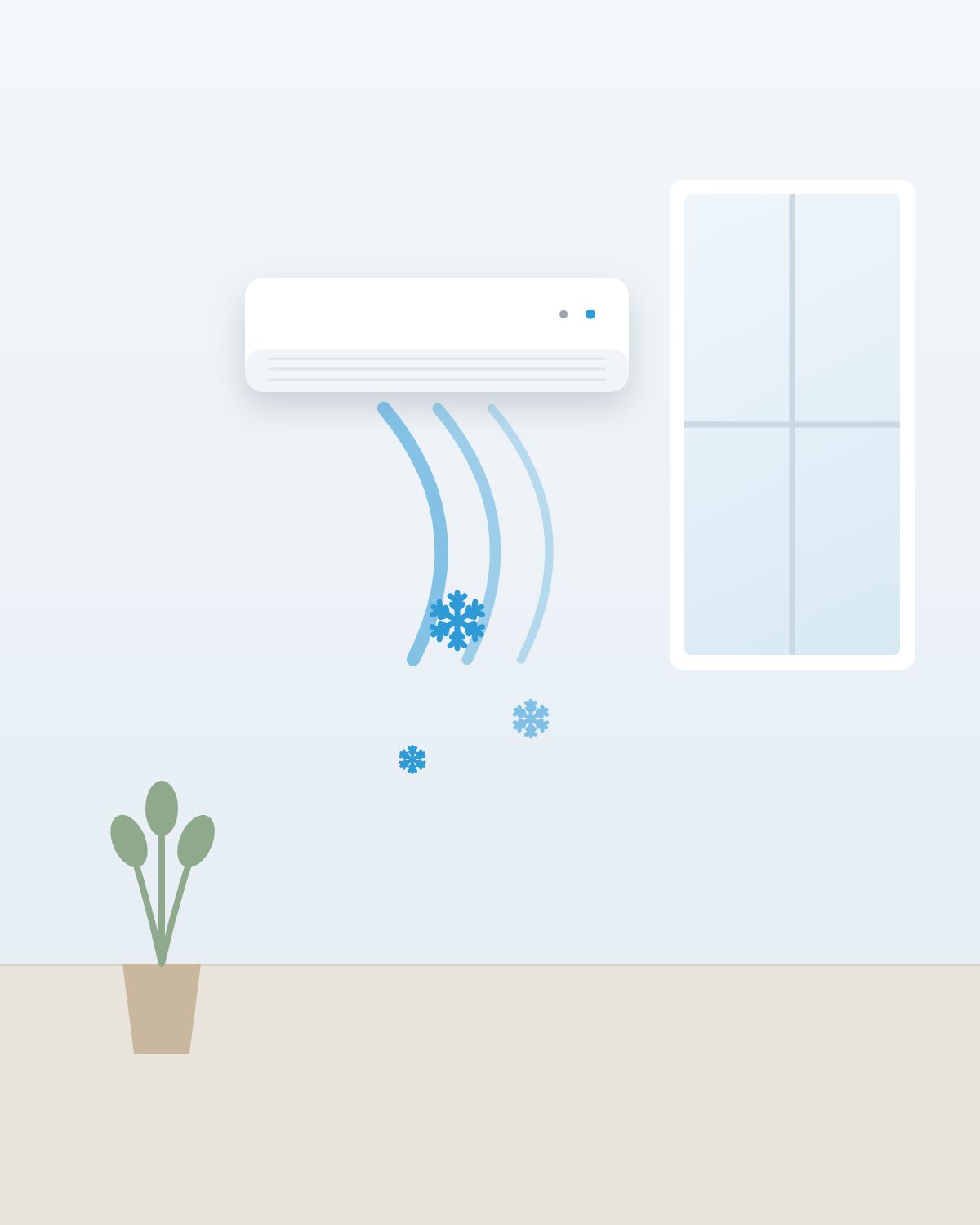 A neatly installed wall-mounted air conditioning unit in a bright, modern room