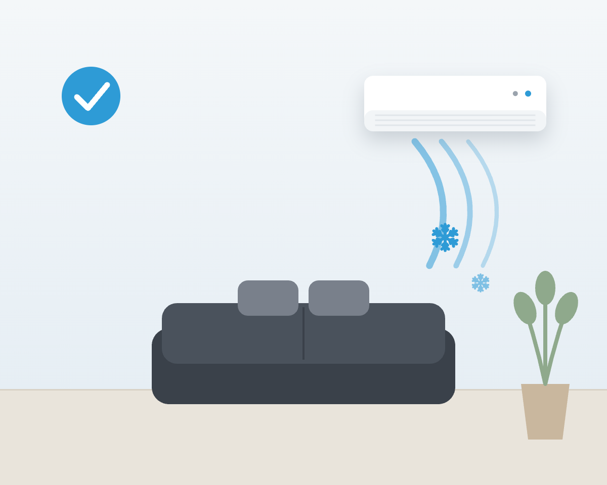 A finished air conditioning installation in a tidy living room